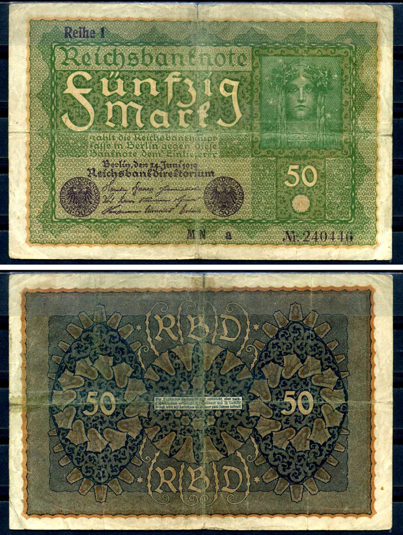 Германия 50 марок 1919 24 июня 1919, reihe I, серия MN, выпуск с ноября 1919 года Pick 66 (1), Rosenberg 62аа бумага 8619-27-2-2