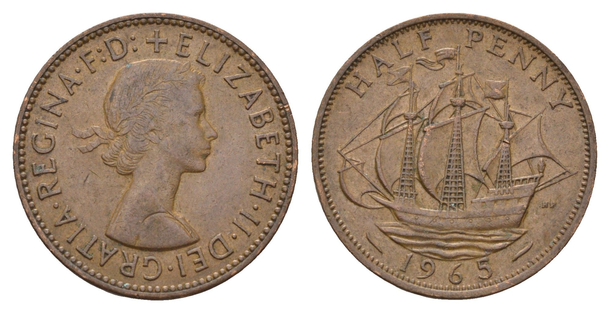 Великобритания 1/2 пенни 1965 Елизавета II (1952-2022) KM 896, Spink 4158 бронза 4675-433