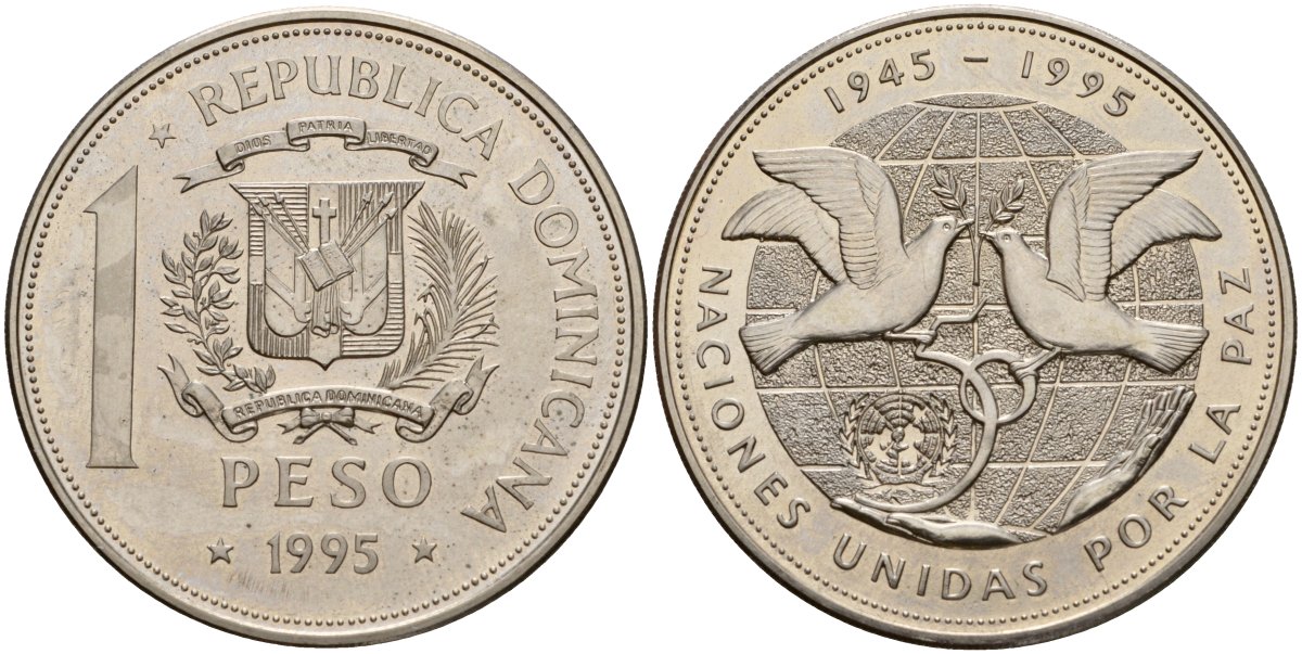 Доминиканская Республика 1 песо 1995 50 лет ООН KM 87 медно-никель UNC 00-00