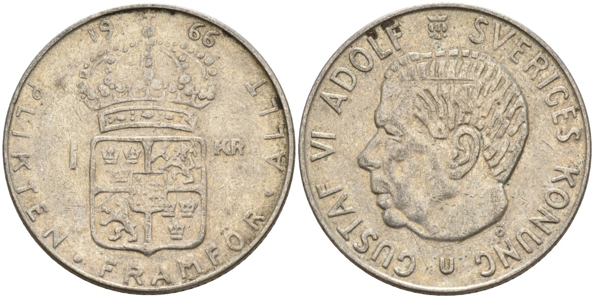 Швеция 1 крона 1966 U, Густав VI Адольф (1950-1973) KM 826 серебро 4150-215