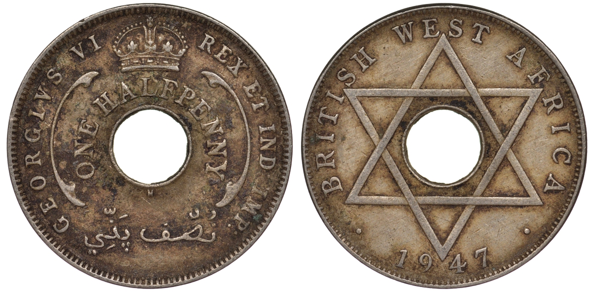 Британская Западная Африка 1/2 пенни 1947 H, Георг VI KM 18 медно-никель 25-2244
