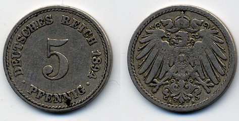ГЕРМАНИЯ 5 ПФЕННИГОВ 1894 A, KM 11, J. 12 медно-никель 51-5257