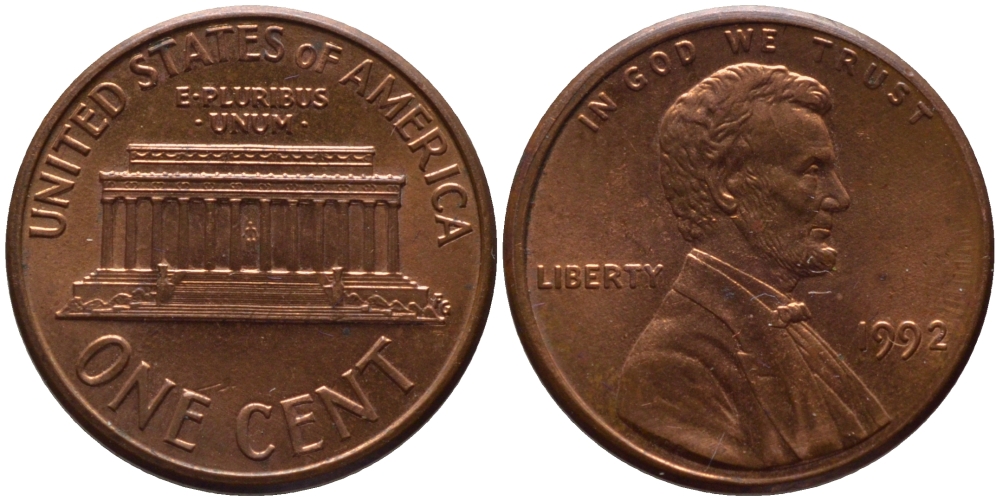 США 1 ЦЕНТ 1992 ЛИНКОЛЬН KM 201b цинк плакированный медью 66-1045