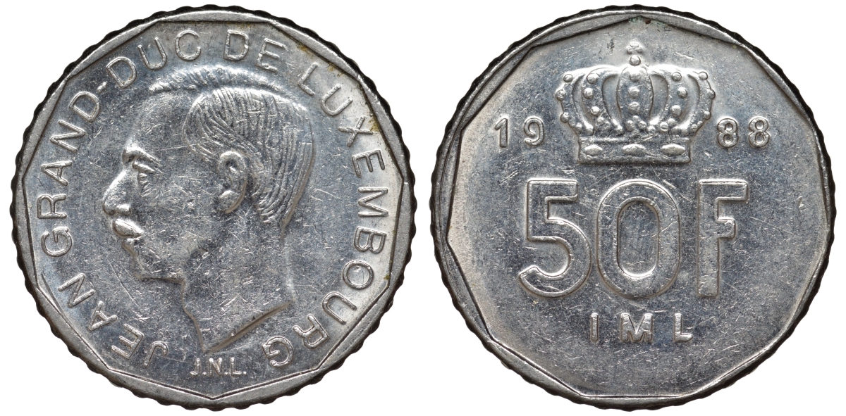 Люксембург 50 франков 1988 Великий герцог Жан (1964-1999) KM 62 никель 4143-135