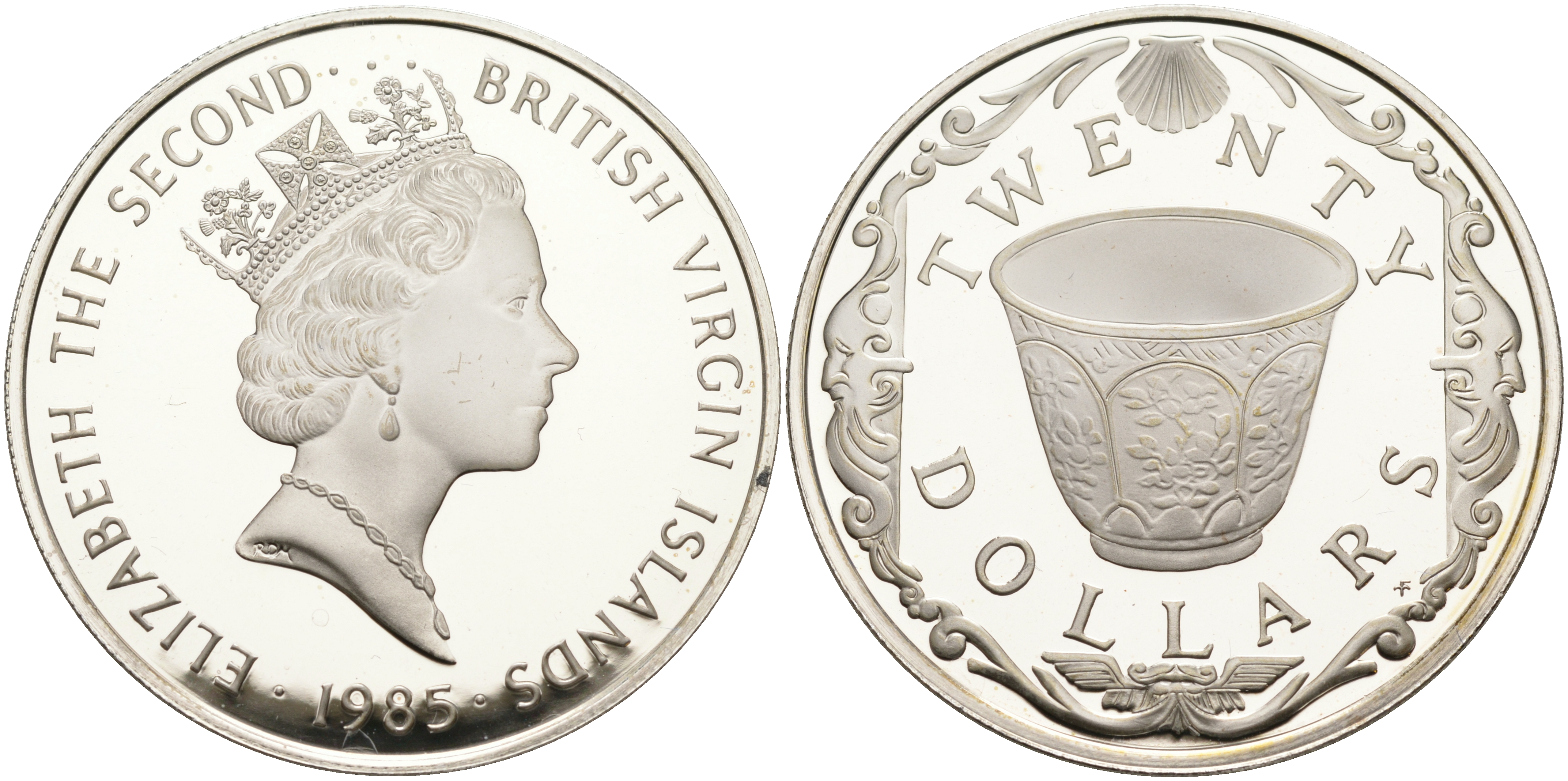 Британские Виргинские острова 20 долларов 1985 фарфоровая чашка KM 49 серебро  PROOF  1095-2-21