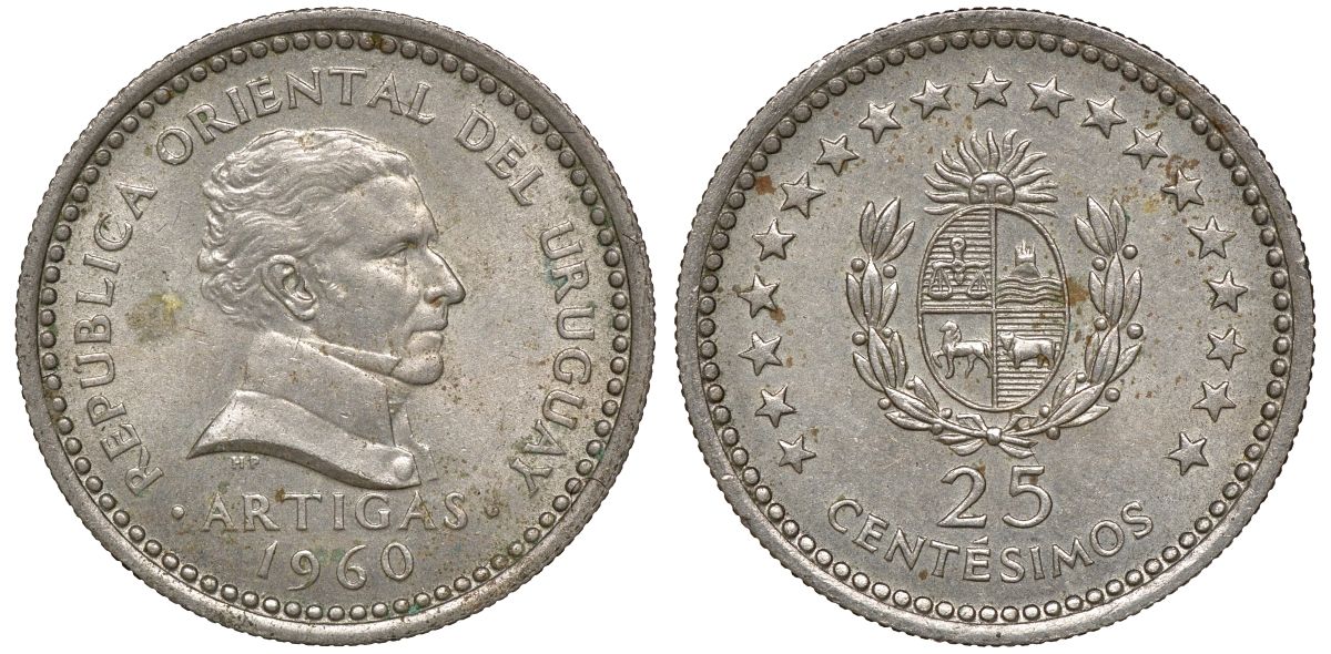 Уругвай 25 сентесимо 1960 KM 40 медно-никель 4169-853