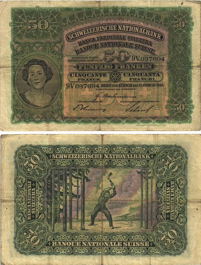 Швейцария 50 франков 1940 15 февраля 1940, серия перед номером 9 V, лесоруб Pick 34 k бумага 451-320-1