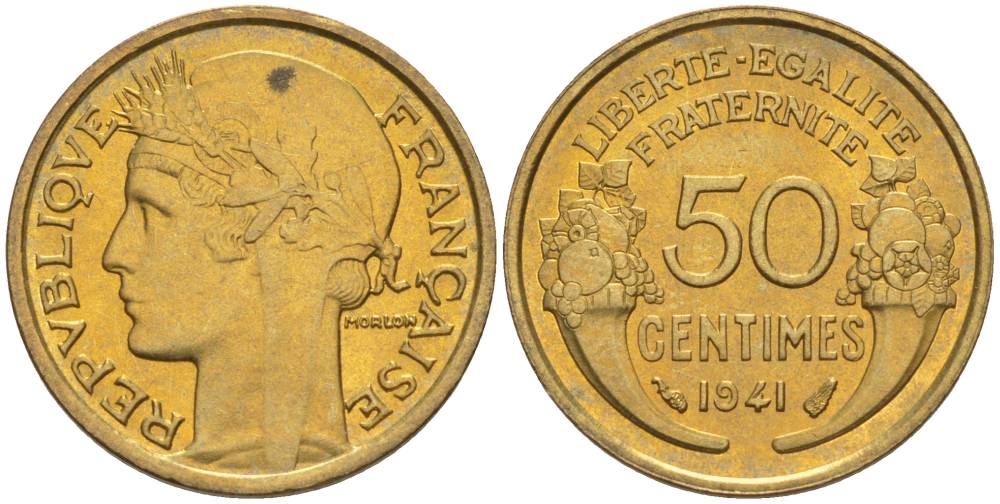 ФРАНЦИЯ 50 САНТИМОВ 1941 ТИП MORLON KM 894.1, LE FRANC 192.18 алюминиевая бронза 44-651