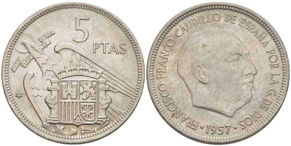 Испания 5 песет 1957 (71) Франсиско Франко (1939-1975) KM 786 медно-никель 216-632