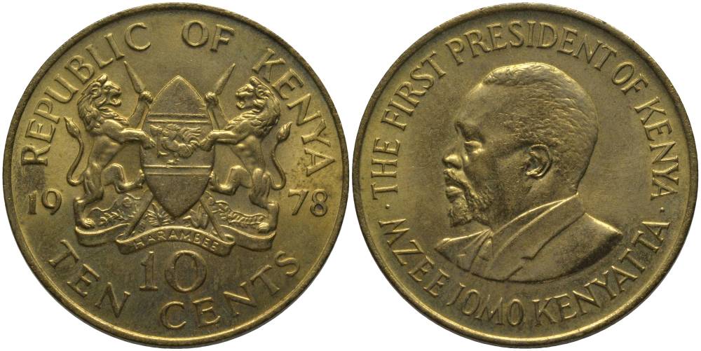 Кения 10 центов 1978 Джомо Кениата KM 11 никель латунь UNC 69-825
