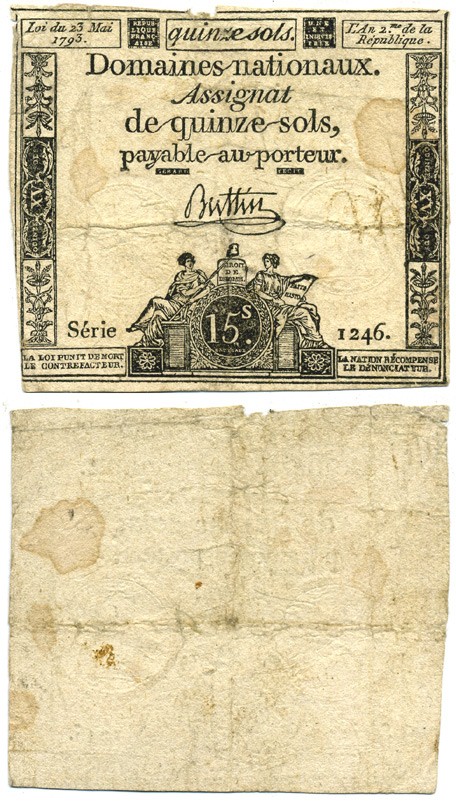 ФРАНЦИЯ 15 СОЛЕЙ 1793 23 МАЯ 1793, ВОДЯНОЙ ЗНАК RF/50s, СЕРИЯ 1246 Pick A69b бумага 6312-1-4-2