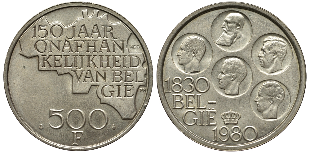Бельгия 500 франков 1980 150 лет независимости, Belgie, Бодуэн I (1951-1993) KM 162 медно-никель покрытый серебром UNC 443-914