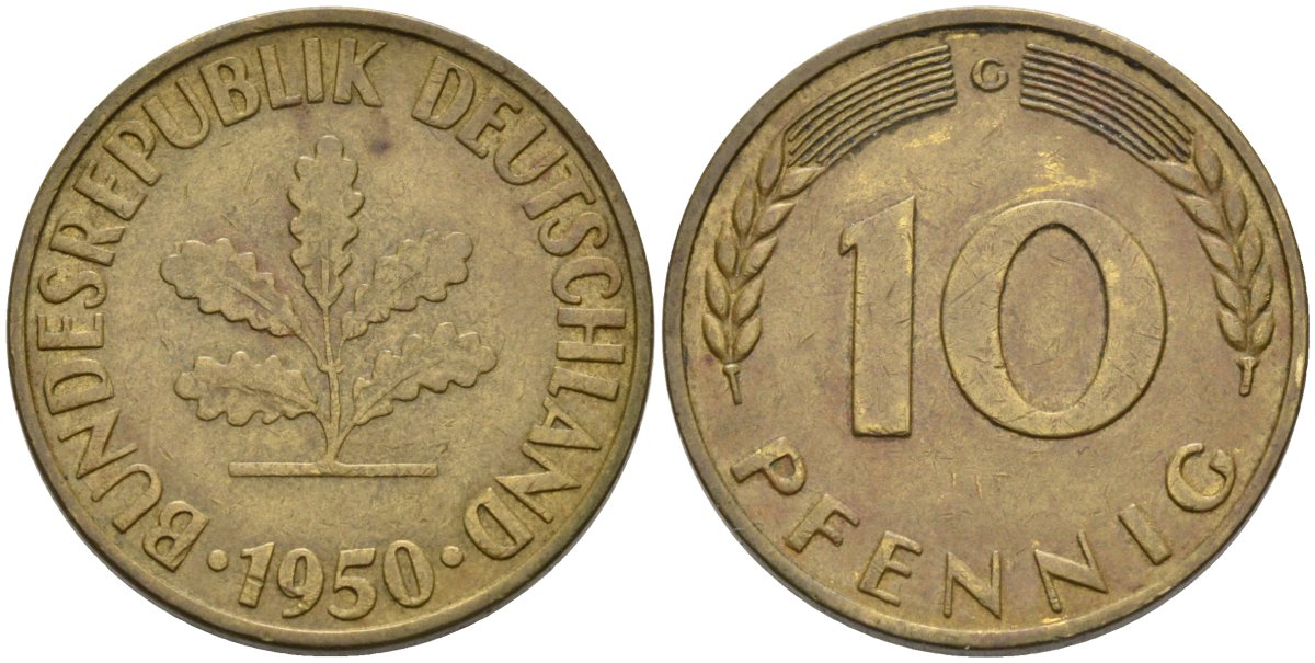 ФРГ 10 пфеннигов 1950 G KM 108, J.383 сталь плакированная латунью 4575-145