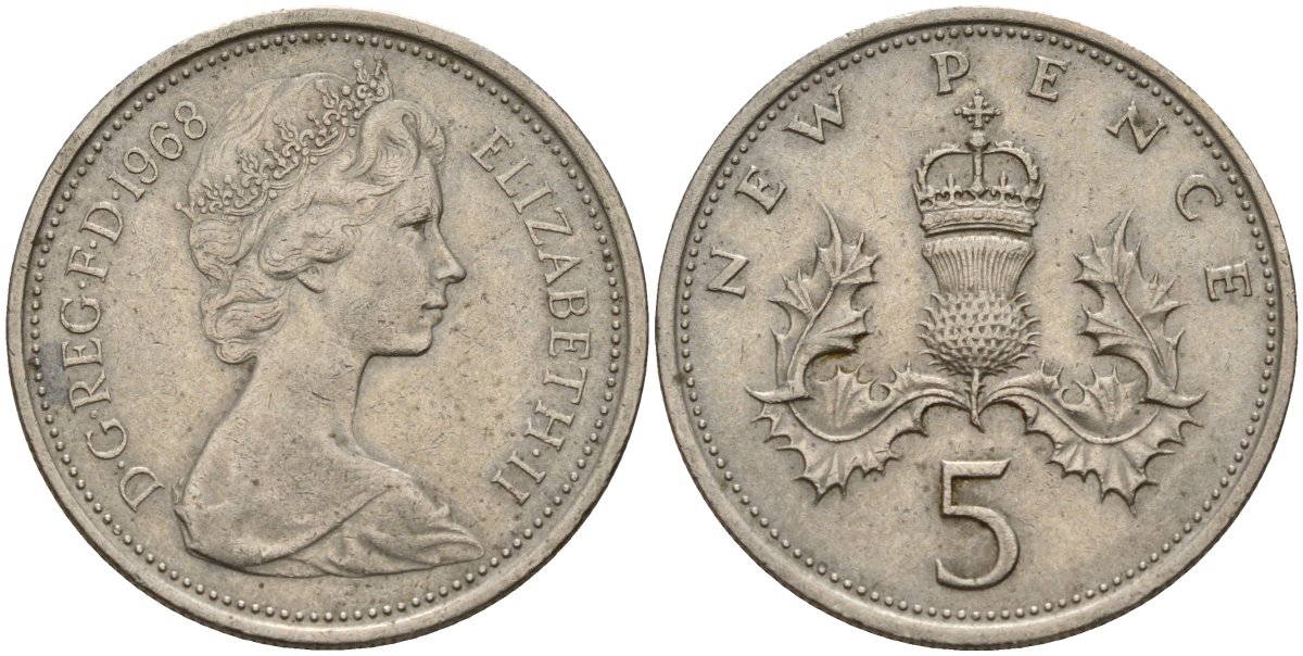 Великобритания 5 пенсов 1968 Елизавета II (1952-2022) KM 911, Spink 4233 (D1) медно-никель 4187-841