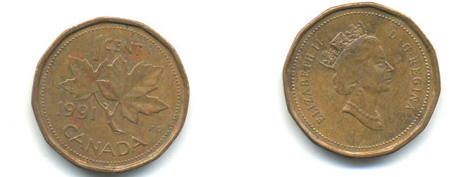 Канада 1 цент 1991 Елизавета II (1952-2022), кленовый лист KM 181 бронза 177-1431