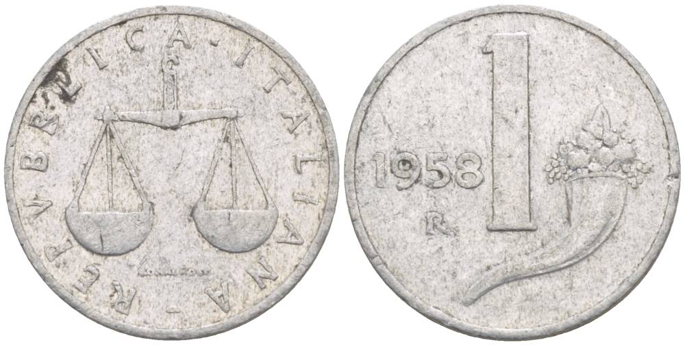 ИТАЛИЯ 1 ЛИРА 1958 R, РОГ ИЗОБИЛИЯ, ВЕСЫ KM 91 алюминий 4549-126