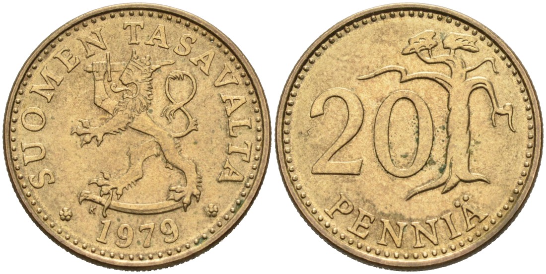 ФИНЛЯНДИЯ 20 ПЕННИ 1979 K KM 47 алюминиевая бронза 4563-326