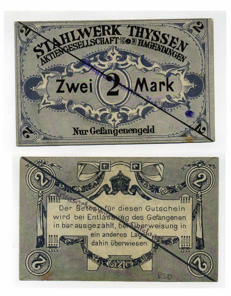 Германия 2 марки ND сталелитейные заводы Тиссена (THYSSEN), лагерь военнопленных Tieste 326.12 бумага 000-00-00