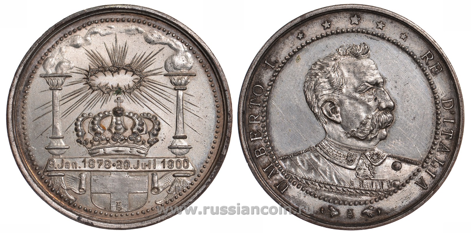 ИТАЛИЯ МЕДАЛЬ 1900 НА СМЕРТЬ УМБЕРТО I, 39 мм, 30,2 гр посеребренная бронза UNC 02-224-21