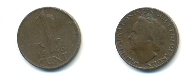 Нидерланды 1 цент 1948 Вильгельмина (1890-1948), год тип KM 175 бронза 80-945