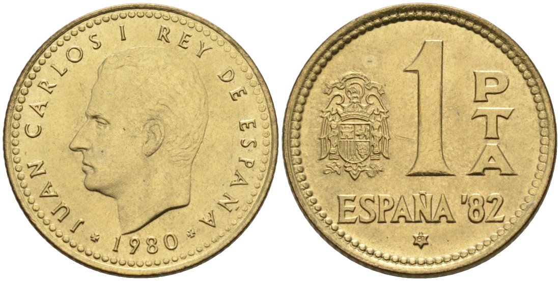 Испания 1 песета 1980 (81) чемпионат мира по футболу 82, Хуан Карлос I (1975-2001) KM 816 алюминиевая бронза 4571-1121