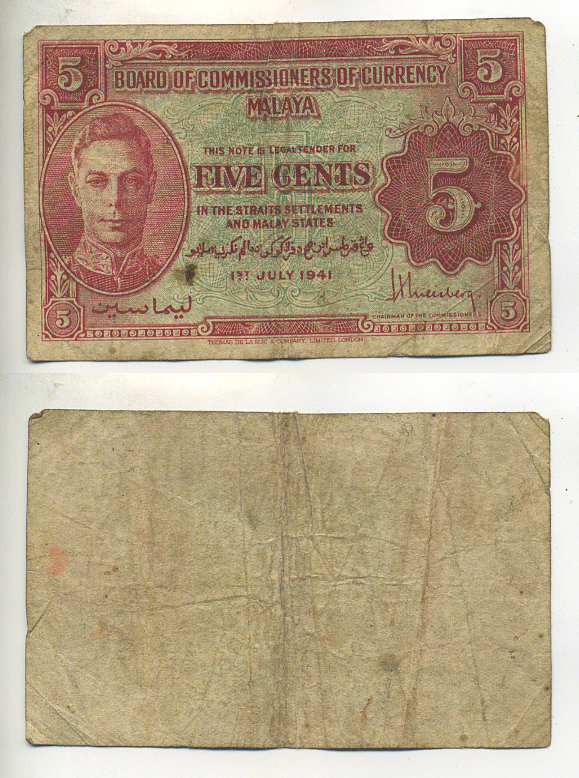Малайя 5 центов 1941 (1945) Георг VI Pick 7 b бумага 7548-50-4