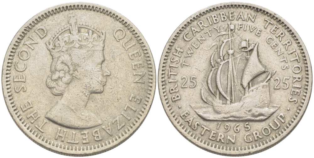 Британские Восточно-Карибские территории 25 центов 1965 Елизавета II (1952-2022), парусник KM 6 медно-никель 217-1022