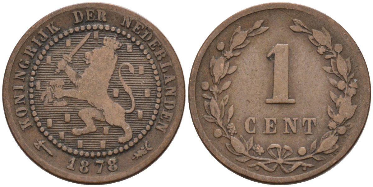 Нидерланды 1 цент 1878 Виллем III (1849-1890) KM 107 бронза 4576-538