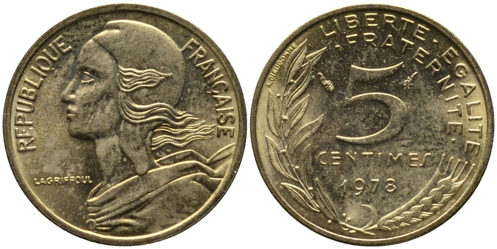 ФРАНЦИЯ 5 САНТИМОВ 1978 ТИП MARIANNE KM 933 медь алюминий никель 261-667