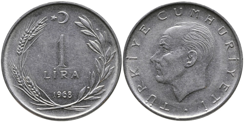 Турция 1 лира 1968 Мустафа Кемаль Ататюрк KM 889а.2 нержавеющая сталь 4538-736