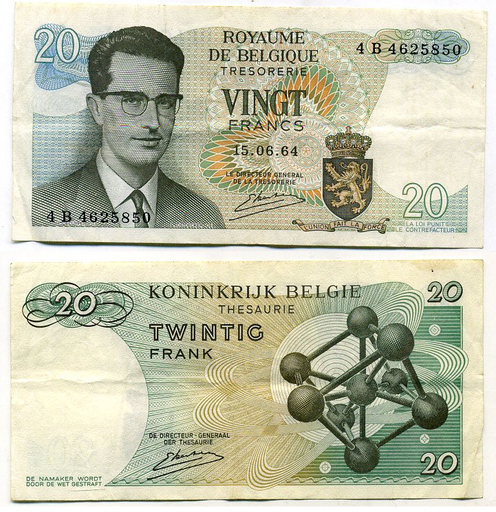 Бельгия 20 франков 1964 Бодуэн I, атомиум, Esselens Pick 138 (2) бумага 7457-41-2-2