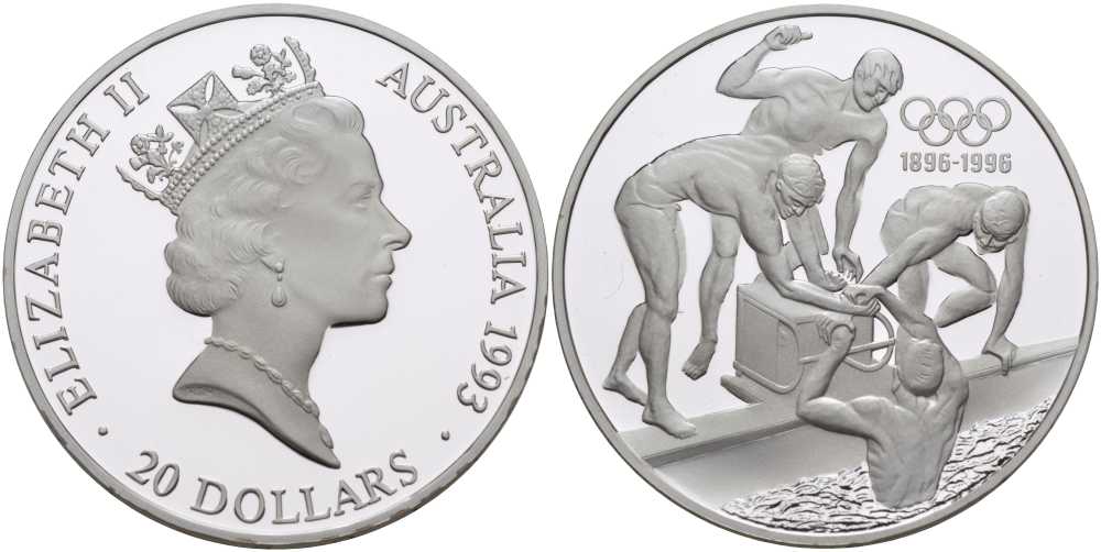 Австралия 20 долларов 1993 Олимпийские игры 1996, плавание, 100 лет Олимпийскому движению (1896-1996) KM 219 серебро PROOF 00-00