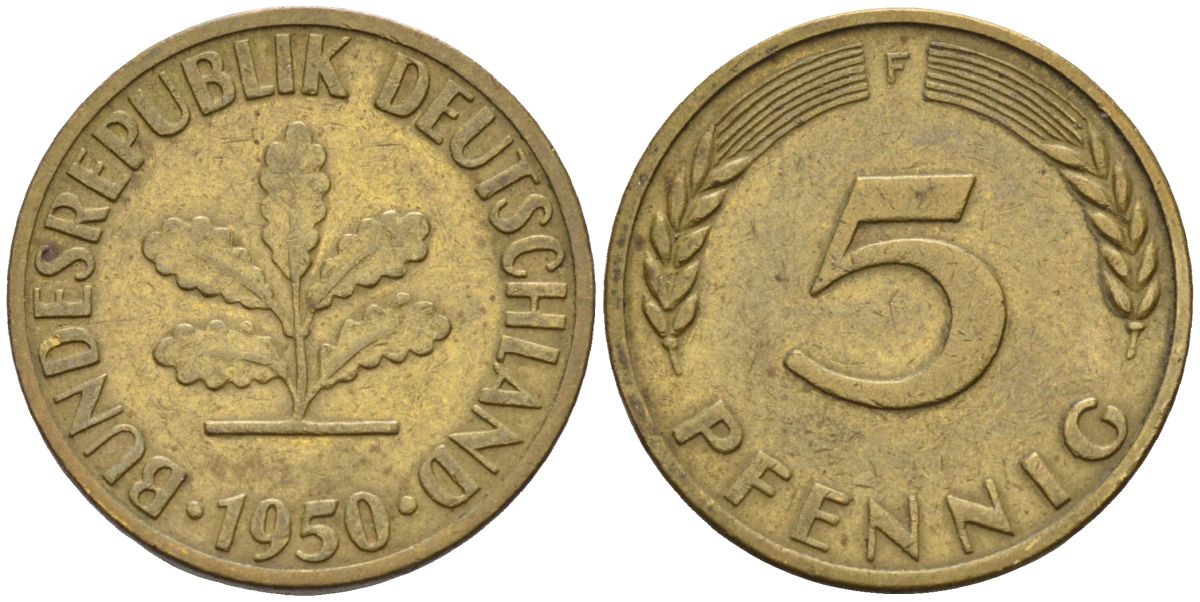ФРГ 5 пфеннигов 1950 F KM 107 сталь плакированная латунью 4115-455