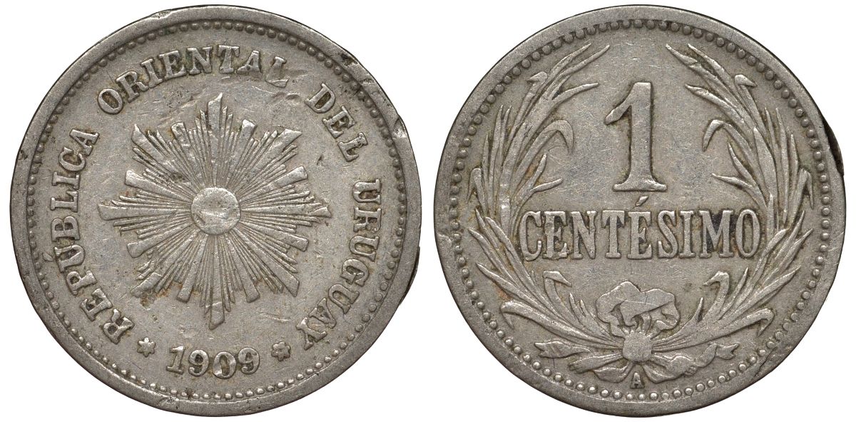 Уругвай 1 сентесимо 1909 KM 19 медно-никель 4169-625