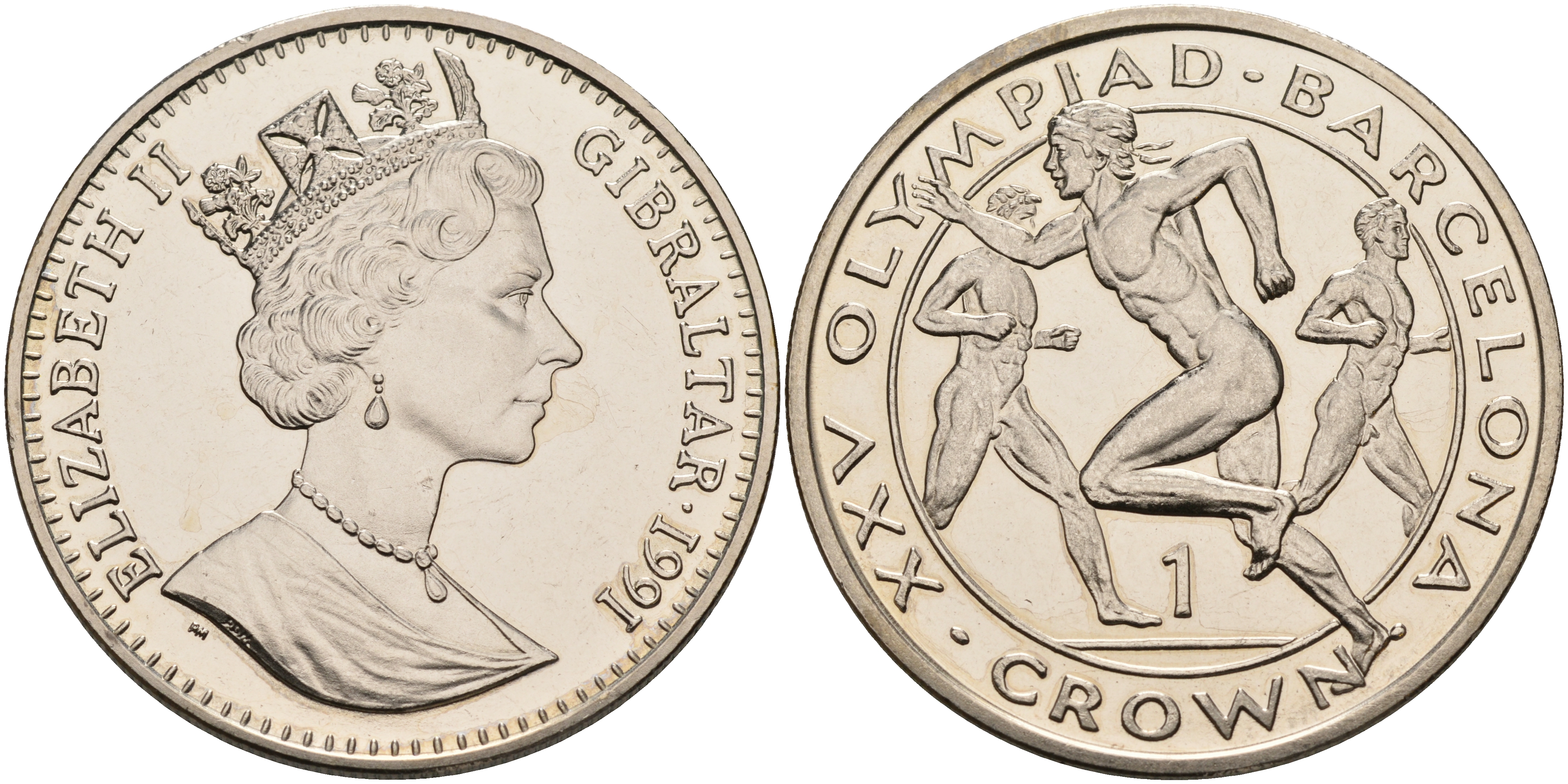 Гибралтар 1 крона 1991 XXV Олимпийские игры 1992 года в Барселоне, легкая атлетика, бег KM 68 медно-никель UNC 1095-1-64