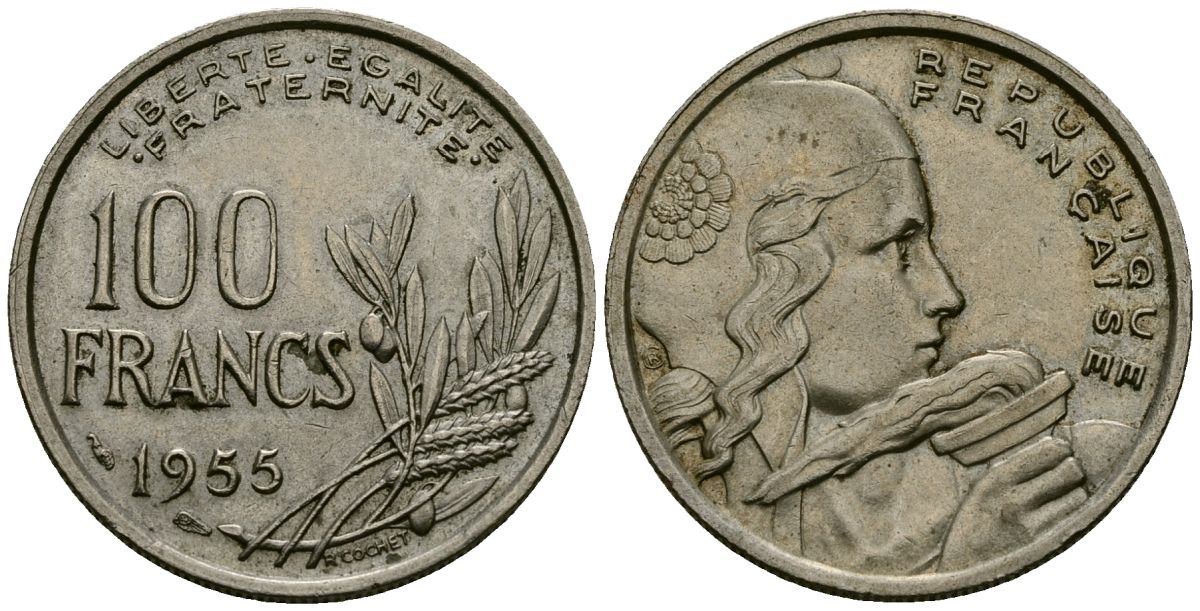 Франция 100 франков 1955 KM 919.1 медно-никель 4575-1012