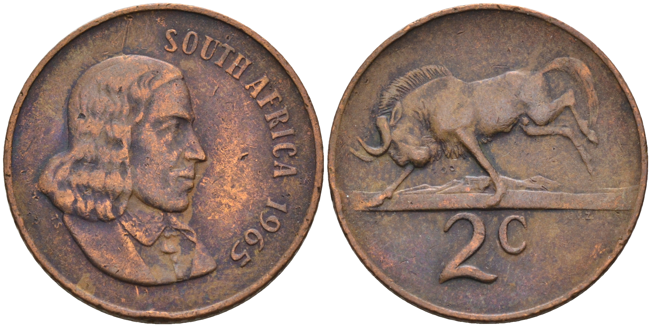 ЮАР 2 цента 1965 Ян ван Рибек (1619-1677), Suid Africa, легенда на африкаанс, антилопа гну KM 66.2 бронза 4595-256