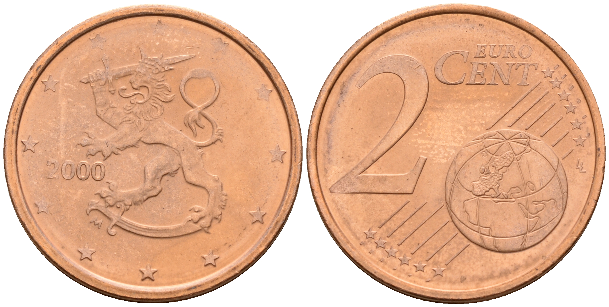 Финляндия 2 евроцента 2000  KM 99 сталь плакированная медью  UNC  4564-369
