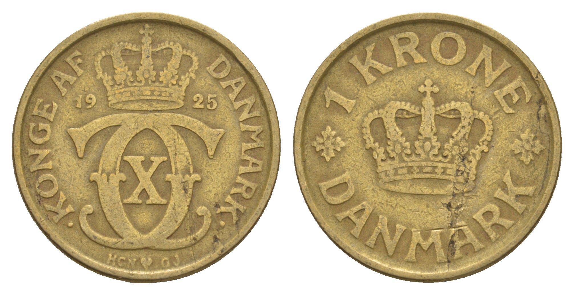 Дания 1 крона 1925 HCN, Кристиан X (1912-1947) KM 824 алюминиевая бронза 4657-331