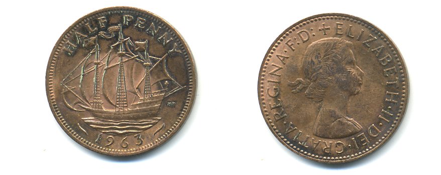 Великобритания 1/2 пенни 1963 Елизавета II (1952-2022) KM 896, Spink 4158 бронза 59-1143