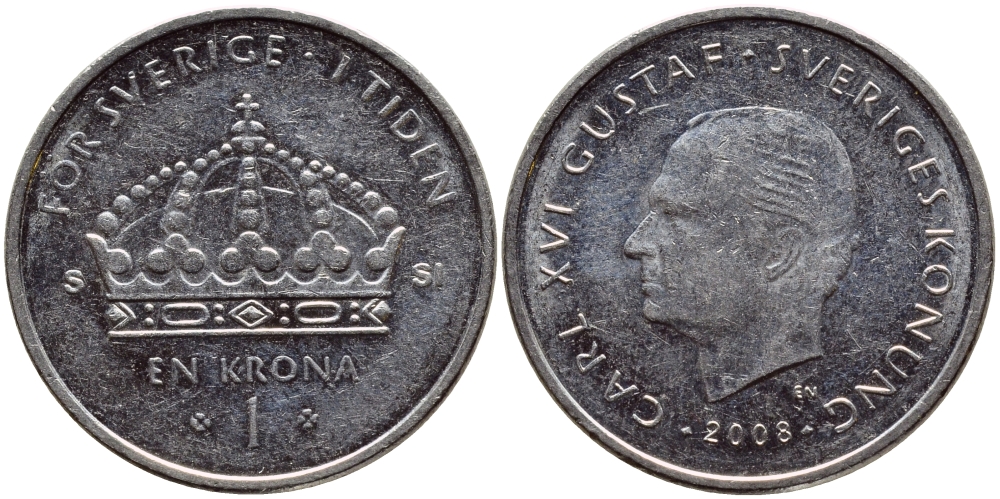 Швеция 1 крона 2008 Карл XVI Густав (1973- ) KM 894 медно-никель 85-917