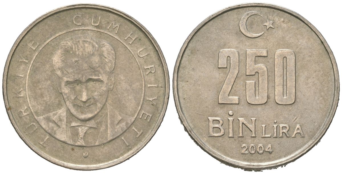 Турция 250000 лир 2004 KM 1137 медь цинк никель 4388-133