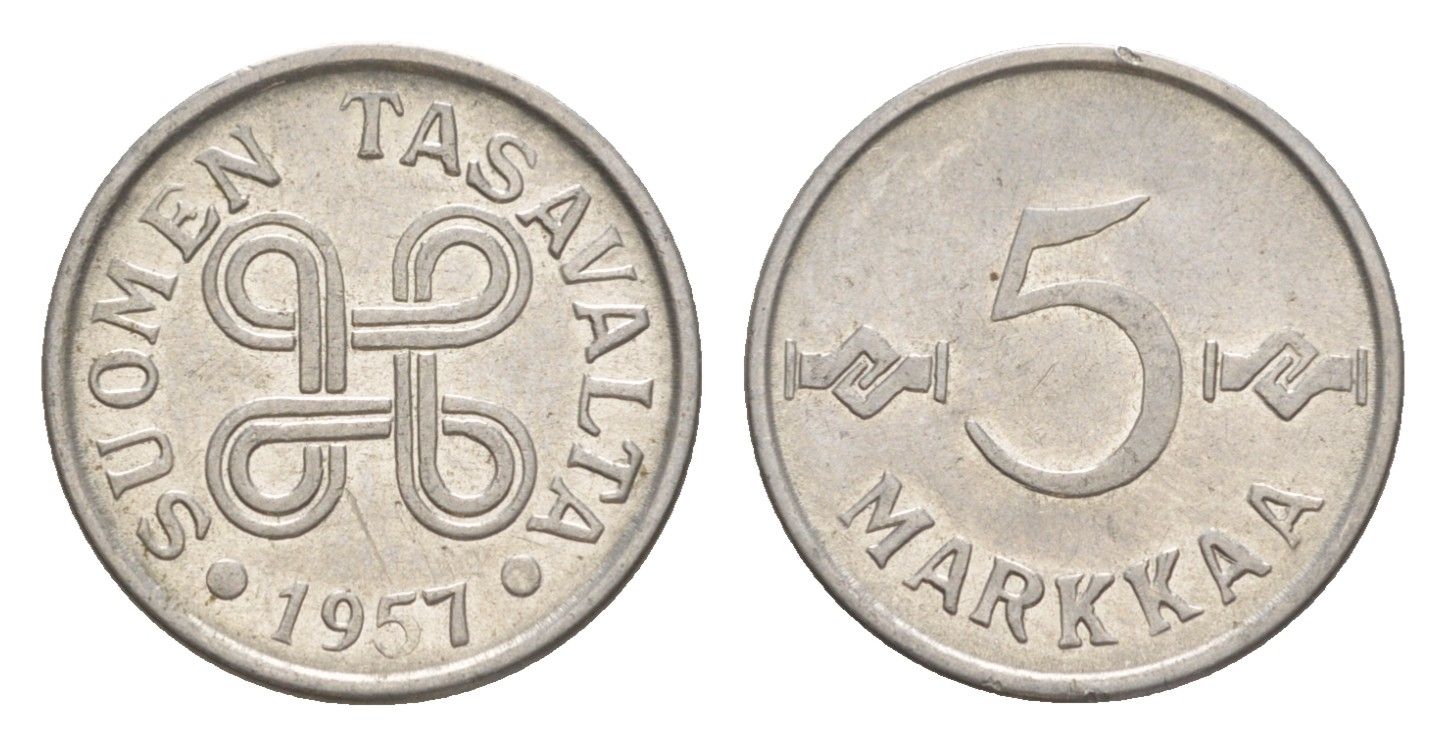 Финляндия 5 марок 1957 KM 37a железо плакированное никелем 4647-445