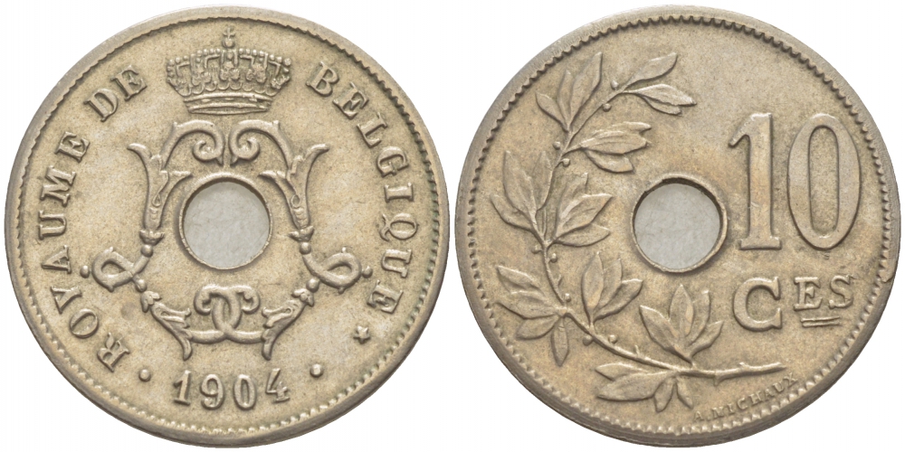 БЕЛЬГИЯ 10 САНТИМОВ 1904 BELGIQUE KM 52 медно-никель aUNC 4529-132