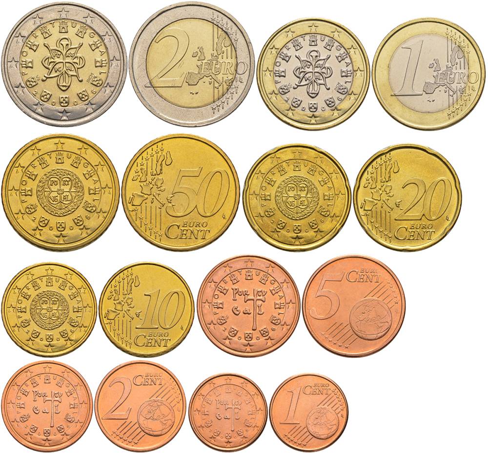 ПОРТУГАЛИЯ ЕВРОНАБОР ИЗ 8 МОНЕТ 2006 1, 2, 5, 10, 20, 50 ЕВРОЦЕНТОВ, 1 И 2 ЕВРО UNC 183-1041