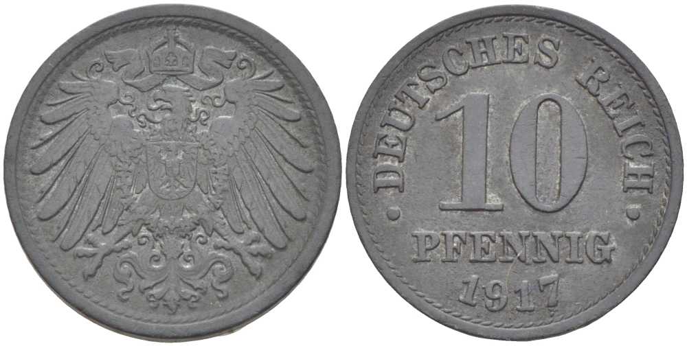 ГЕРМАНИЯ 10 ПФЕННИГОВ 1917 KM 26, J. 299 цинк 4401-124
