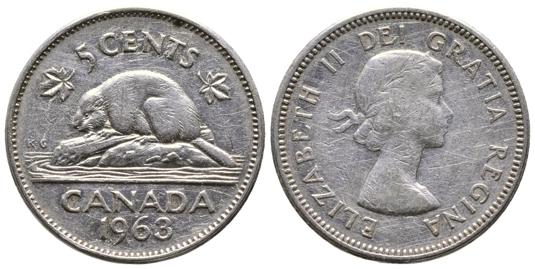 КАНАДА 5 ЦЕНТОВ 1963 ЕЛИЗАВЕТА II, БОБЕР KM 57 никель 4364-2332