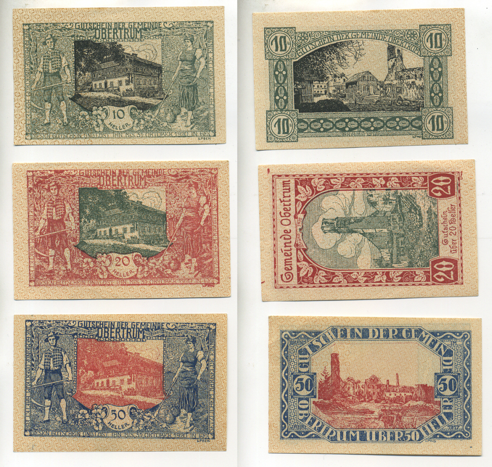 АВСТРИЯ НАБОР ИЗ 3 БАНКНОТ 1920 НОТГЕЛЬД, 10, 20, 50 ГЕЛЛЕРОВ, OBERTRUM бумага aUNC 6278-36-1-1