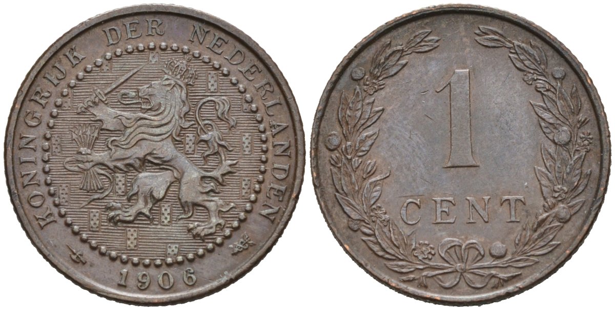 Нидерланды 1 цент 1906 Вильгельмина (1890-1948) KM 132 бронза 4576-663