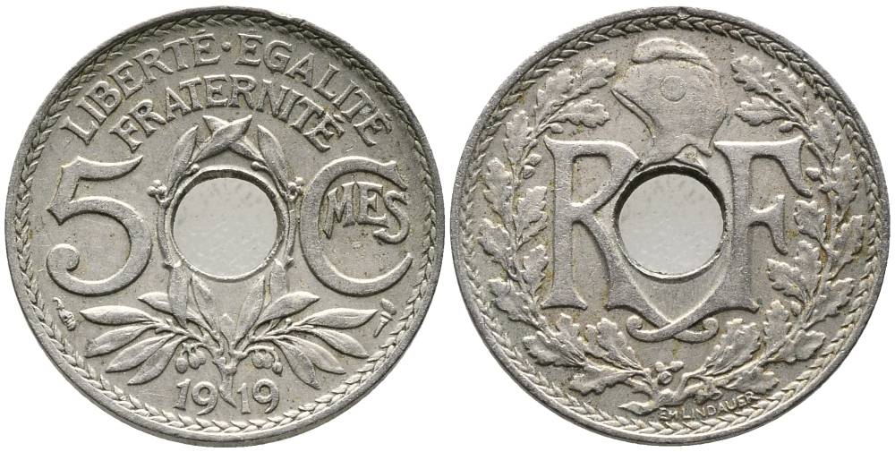 Франция 5 сантимов 1919 тип Линдайё KM 865, Le Franc 121.3 медно-никель 4548-947